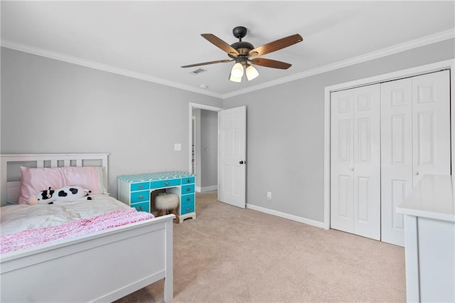75 Auburn Rd, Auburn, GA 30011 - bedroom with light carpet, ornamental molding, baseboards, a closet, and ceiling fan