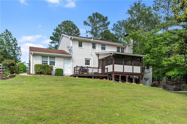 75 Auburn Rd, Auburn, GA 30011 - back of house featuring a sunroom, a chimney, a wooden deck, and brick siding