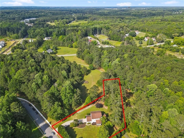 75 Auburn Rd, Auburn, GA 30011 - aerial view of property and surrounding area featuring a heavily wooded area and property boundaries highlighted