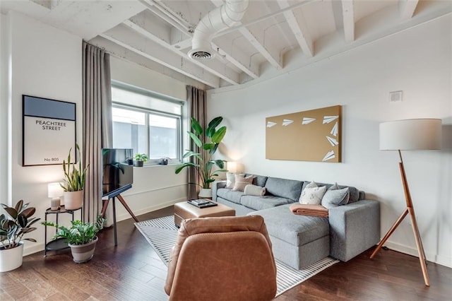 living room with dark hardwood / wood-style floors