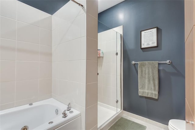 bathroom with tile patterned floors, plus walk in shower, and toilet