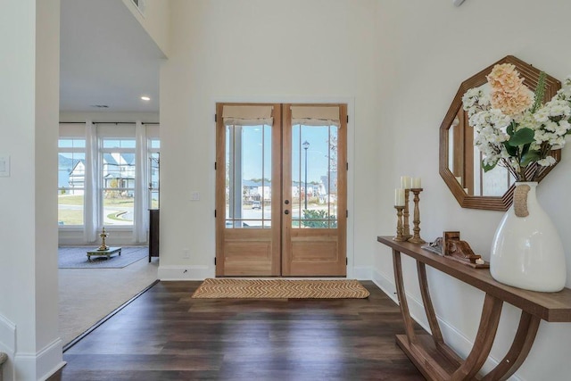 entryway featuring french doors, plenty of natural light, and dark hardwood / wood-style flooring