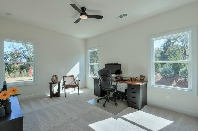 office featuring plenty of natural light, light carpet, and ceiling fan