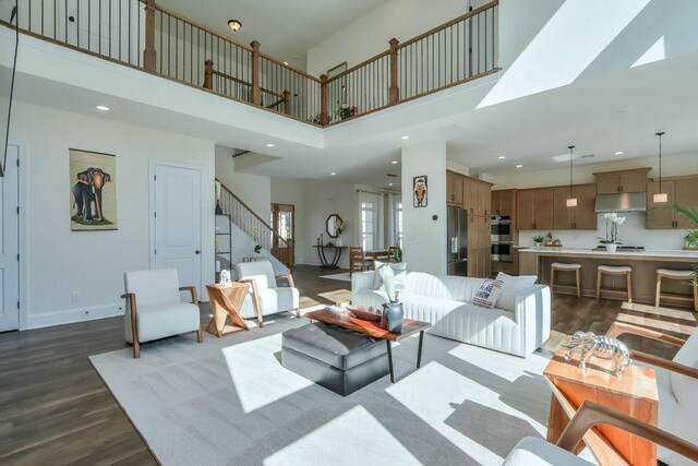 living room featuring a high ceiling and dark hardwood / wood-style flooring