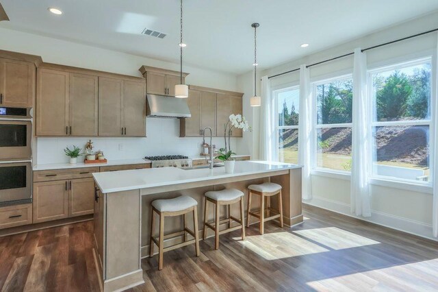 kitchen featuring a center island with sink, sink, appliances with stainless steel finishes, decorative light fixtures, and dark wood-type flooring