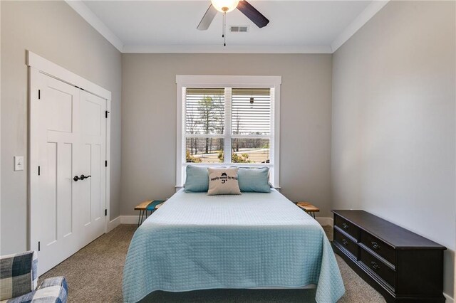 340 Taylor Path, Dallas, GA 30157 - bedroom featuring carpet flooring, baseboards, visible vents, ceiling fan, and ornamental molding