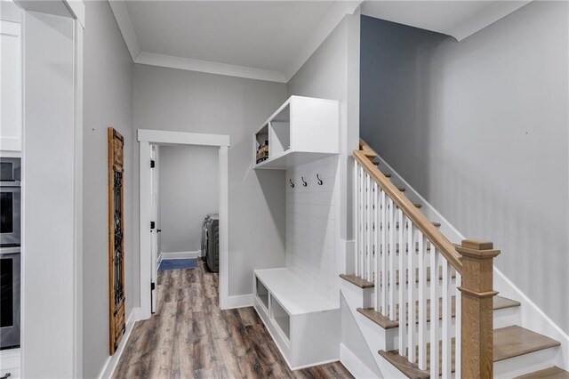 340 Taylor Path, Dallas, GA 30157 - mudroom with baseboards, crown molding, and dark wood-style flooring