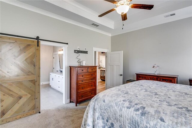 340 Taylor Path, Dallas, GA 30157 - bedroom with a raised ceiling, a barn door, light colored carpet, and visible vents