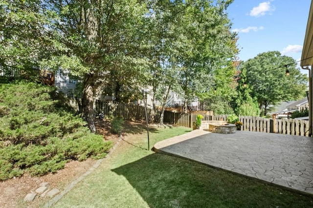 view of yard with a patio area and an outdoor fire pit