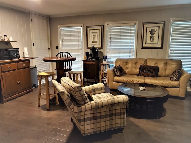 living room featuring dark hardwood / wood-style floors