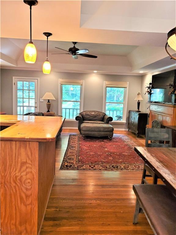 living room with a raised ceiling, ceiling fan, and dark wood-type flooring