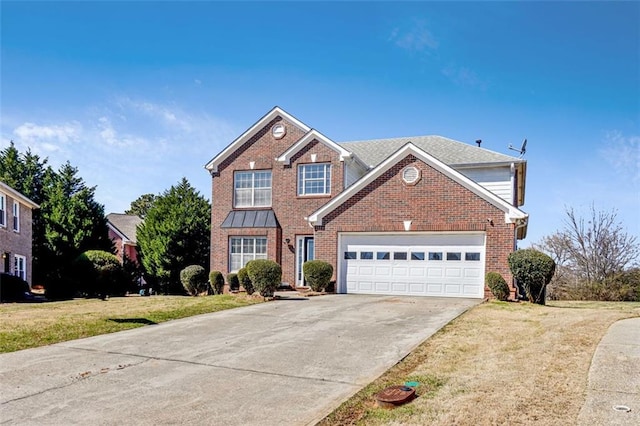 traditional home with concrete driveway, brick siding, and a front lawn