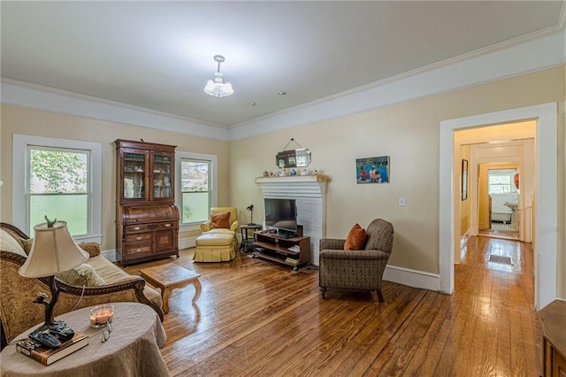 living room featuring ornamental molding, a wealth of natural light, light wood finished floors, and a fireplace