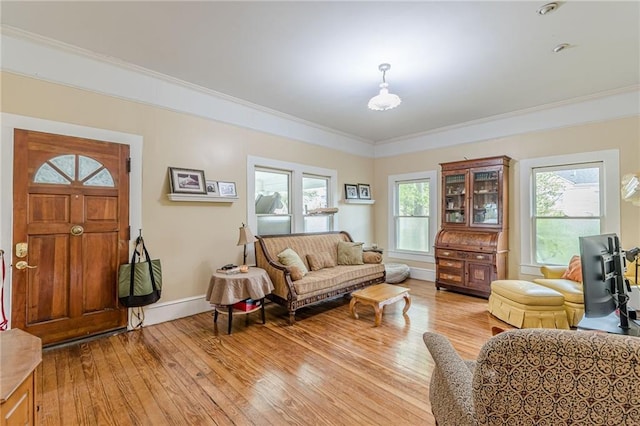 living room featuring crown molding, baseboards, and light wood-type flooring