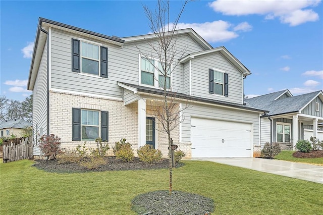 traditional-style home with a front yard, fence, driveway, an attached garage, and brick siding