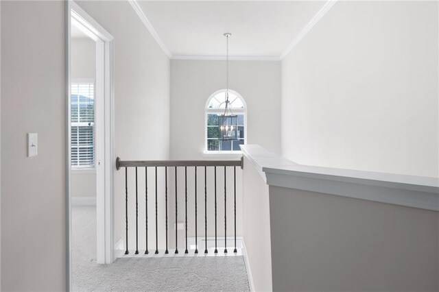 33 N Village Cir, Rydal, GA 30171 - hallway featuring ornamental molding, carpet floors, baseboards, and an upstairs landing