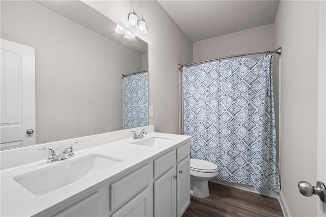 33 N Village Cir, Rydal, GA 30171 - full bathroom featuring wood finished floors, toilet, double vanity, and a shower with shower curtain