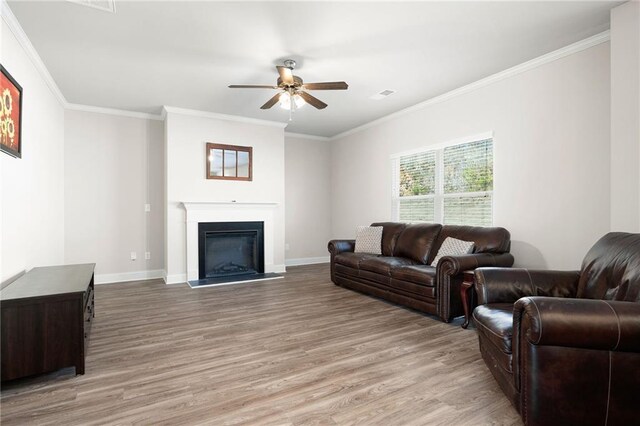 33 N Village Cir, Rydal, GA 30171 - living room featuring ceiling fan, light wood-style flooring, ornamental molding, baseboards, and a glass covered fireplace