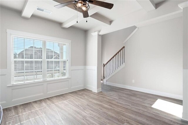 33 N Village Cir, Rydal, GA 30171 - spare room featuring a ceiling fan, beamed ceiling, wood finished floors, stairway, and wainscoting