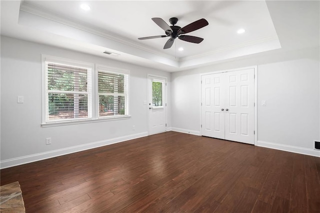 200 Glen Wood Pl, Canton, GA 30114 - unfurnished bedroom with a raised ceiling, crown molding, dark wood-style flooring, a ceiling fan, and recessed lighting
