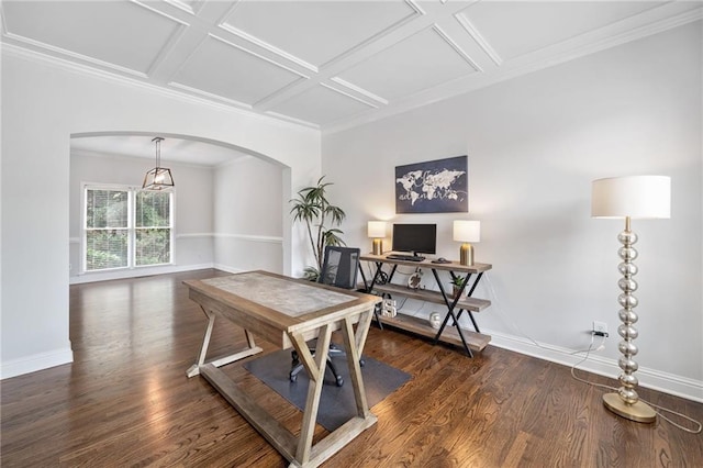 200 Glen Wood Pl, Canton, GA 30114 - office featuring arched walkways, dark wood finished floors, coffered ceiling, and ornamental molding