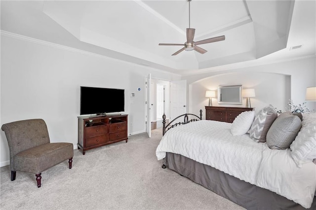 200 Glen Wood Pl, Canton, GA 30114 - bedroom with a tray ceiling, carpet flooring, a ceiling fan, crown molding, and arched walkways
