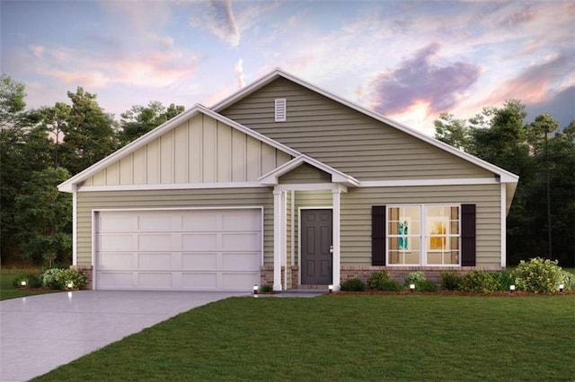 view of front of house featuring concrete driveway, board and batten siding, a front lawn, brick siding, and an attached garage