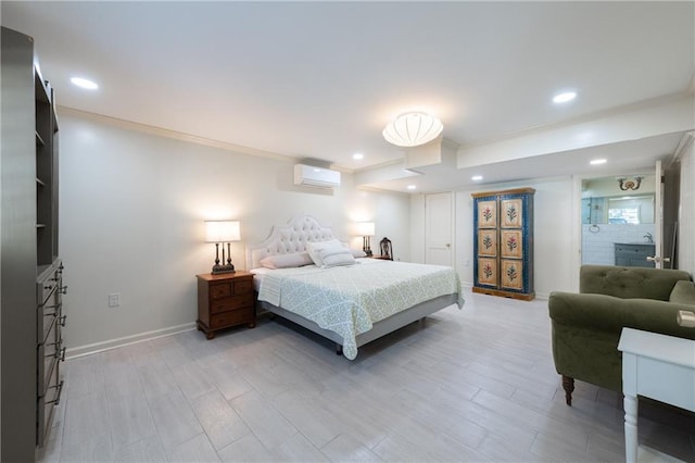 bedroom featuring a wall unit AC, recessed lighting, crown molding, and baseboards