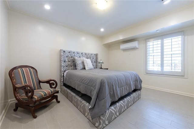 bedroom with recessed lighting, baseboards, crown molding, and a wall unit AC