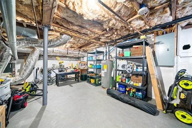 basement with water heater and electric panel