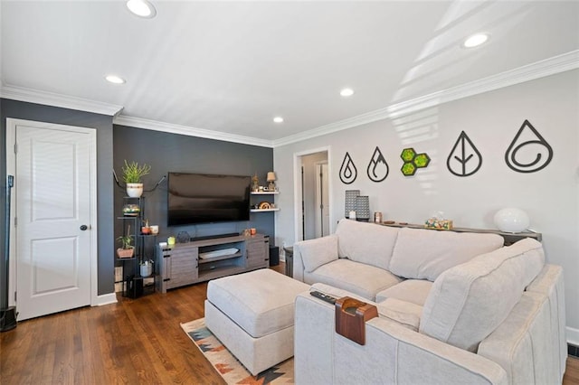 living room featuring dark hardwood / wood-style flooring and ornamental molding