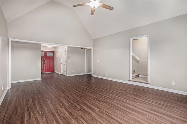 unfurnished living room featuring stairway, baseboards, wood finished floors, and a ceiling fan