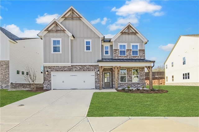 4212 Adler Cir, Buford, GA 30519 - craftsman-style house with an attached garage, concrete driveway, brick siding, a standing seam roof, and board and batten siding
