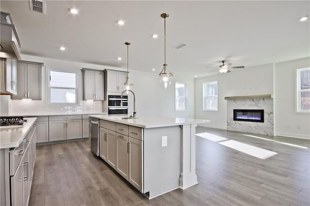 4212 Adler Cir, Buford, GA 30519 - kitchen featuring gray cabinetry, visible vents, appliances with stainless steel finishes, and a sink