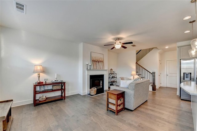 living room with ceiling fan and wood-type flooring