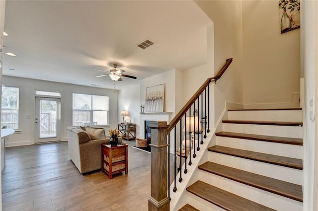 living room featuring ceiling fan and hardwood / wood-style floors