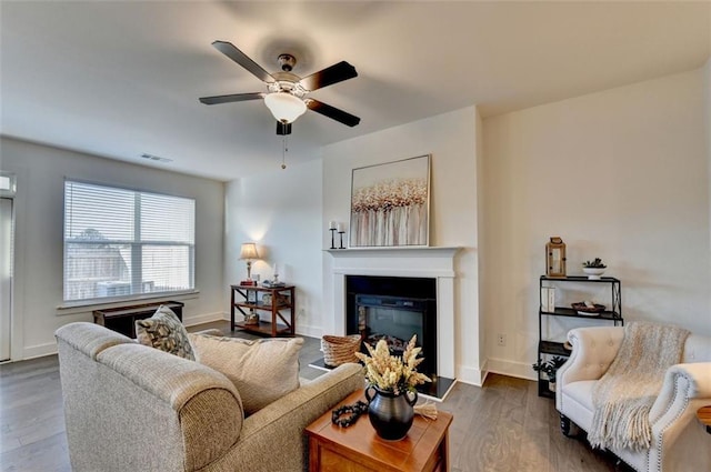 living room with ceiling fan and hardwood / wood-style flooring