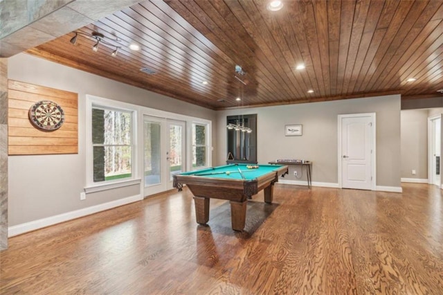 recreation room featuring hardwood / wood-style floors, wooden ceiling, billiards, and french doors