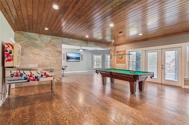 recreation room featuring french doors, ceiling fan, wooden ceiling, and wood-type flooring