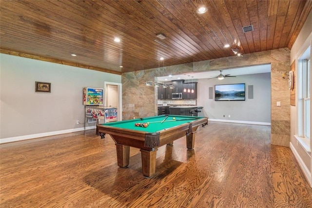 rec room featuring wood ceiling, tile walls, billiards, hardwood / wood-style floors, and bar