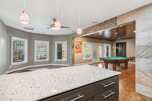 kitchen with wooden ceiling, dark wood-type flooring, hanging light fixtures, billiards, and ceiling fan