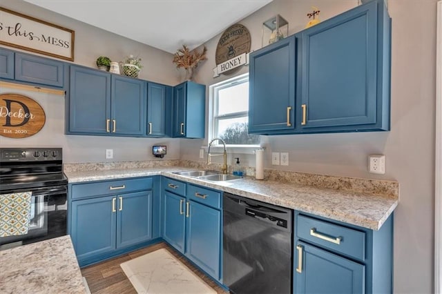 kitchen with dishwasher, blue cabinets, black range with electric stovetop, and a sink