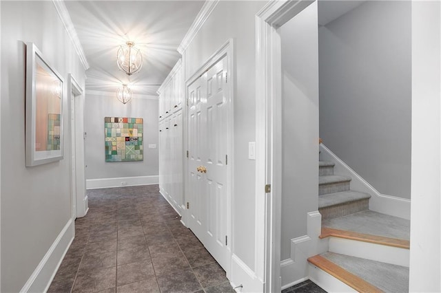 5040 Harrington Rd, Johns Creek, GA 30022 - corridor featuring a chandelier, crown molding, baseboards, and stairway