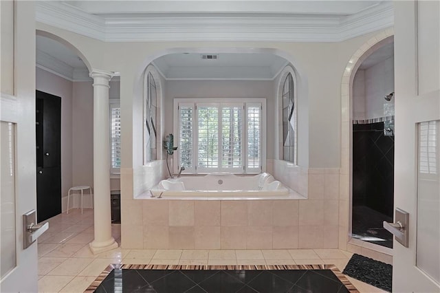 5040 Harrington Rd, Johns Creek, GA 30022 - bathroom featuring tile patterned flooring, a bath, crown molding, and a shower