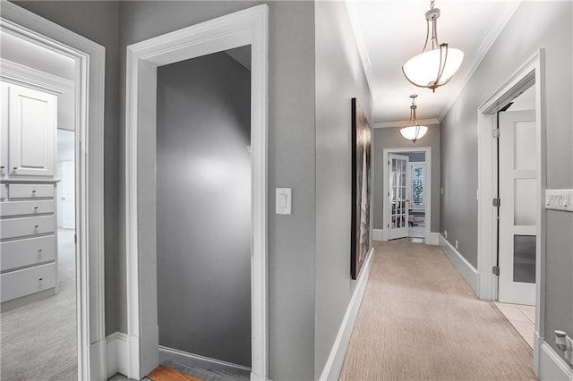 5040 Harrington Rd, Johns Creek, GA 30022 - hallway with ornamental molding, light carpet, and baseboards