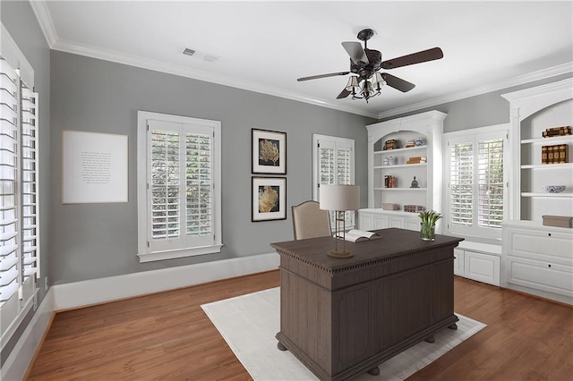 5040 Harrington Rd, Johns Creek, GA 30022 - home office featuring wood finished floors, a ceiling fan, and ornamental molding