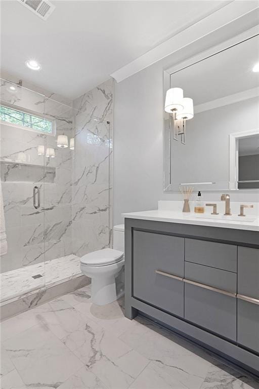 5040 Harrington Rd, Johns Creek, GA 30022 - full bath with marble look tile flooring, toilet, a marble finish shower, vanity, and crown molding