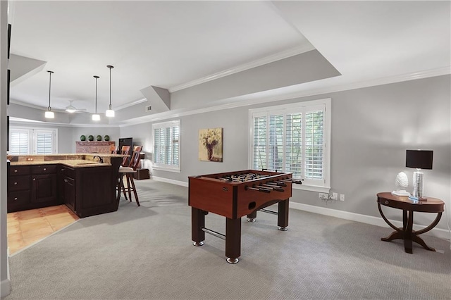 5040 Harrington Rd, Johns Creek, GA 30022 - playroom featuring crown molding, a raised ceiling, light colored carpet, baseboards, and a sink