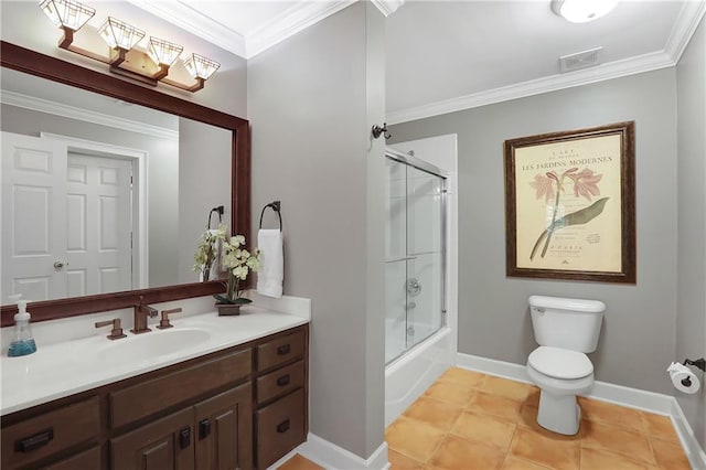 5040 Harrington Rd, Johns Creek, GA 30022 - bathroom featuring crown molding, toilet, vanity, baseboards, and tile patterned floors