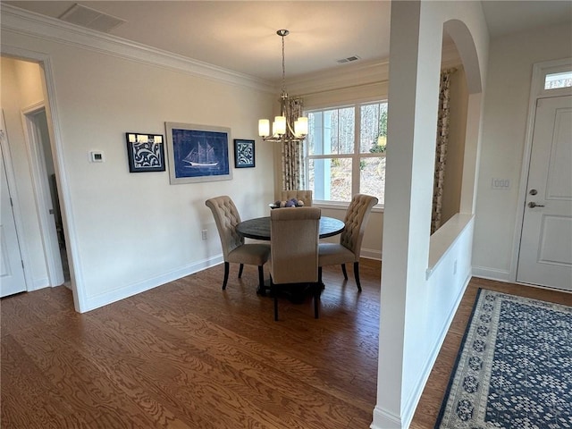 1802 Bonica Xing Unit 1802, Cumming, GA 30040 - dining room with ornamental molding, visible vents, dark wood finished floors, a chandelier, and baseboards